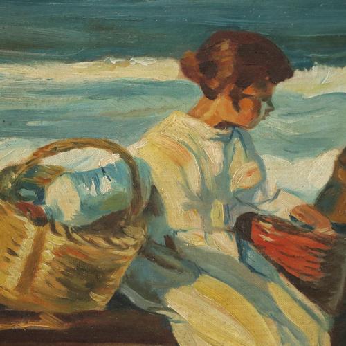 Waiting Scene on the Seaside, Oil Painting, Framed For Sale - Image 5 of 12