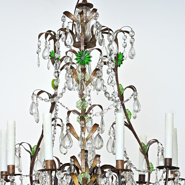 Metal Late 19th Century French Brass Chandelier with Clear & Green Crystals For Sale - Image 7 of 17