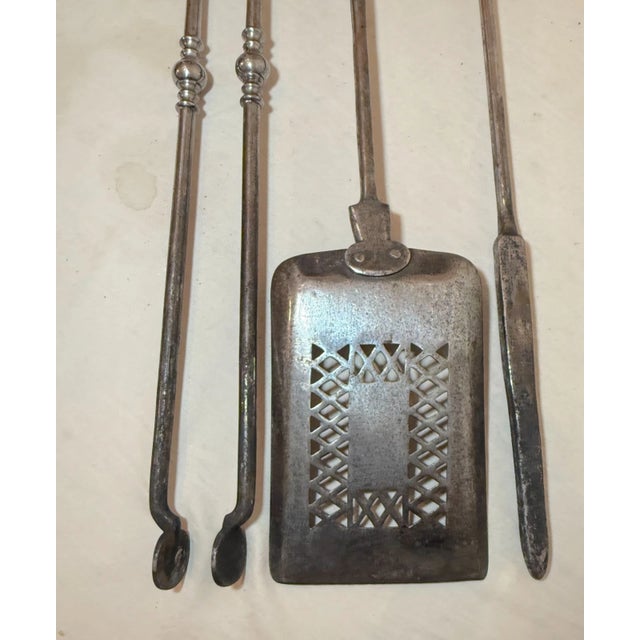 3 Huge Antique 1800s Wrought Iron Turned Brass Fireplace Tools Shovel Poker Tong For Sale - Image 10 of 13