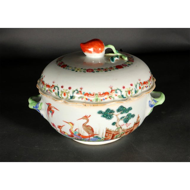 Chinese Export Famille Rose Tureen and Cover, Meissen-Style Harbor Scene With Cranes For Sale - Image 4 of 6