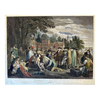 Late 18th Century William Penn's Treaty With the Indians — Original Hand-Colored Engraving by Hall, Circa 1683 For Sale