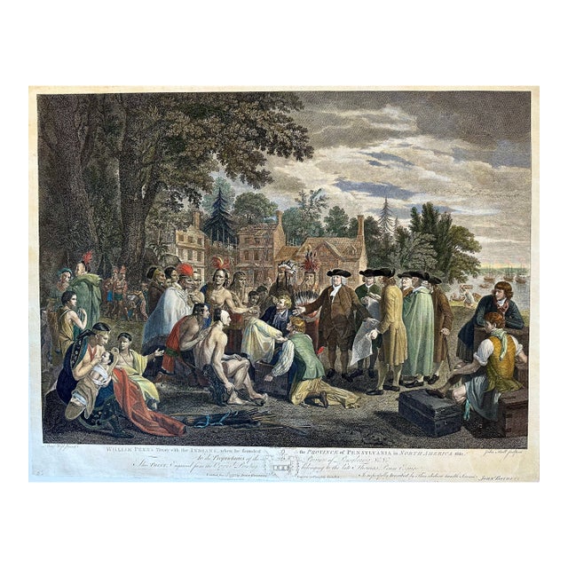 Late 18th Century William Penn's Treaty With the Indians — Original Hand-Colored Engraving by Hall, Circa 1683 For Sale
