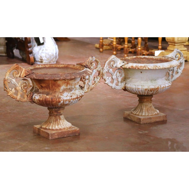 Metal Pair of Early 20th Century French Painted Iron Chambord Garden Urn Planters For Sale - Image 7 of 13