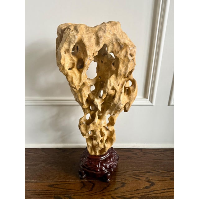 Wood Extraordinary Large Chinese Scholar Rock Yellow Taihu Stone on Wood Stand For Sale - Image 7 of 18