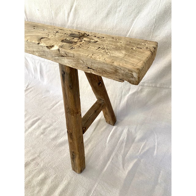 Rustic Elm Wood Skinny Bench For Sale - Image 4 of 9