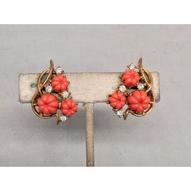 1950s Vintage 1950s Signed Crown Trifari Goldtone Faux-Coral Melon Rhinestone Clip Earrings-2 Pieces For Sale - Image 5 of 8
