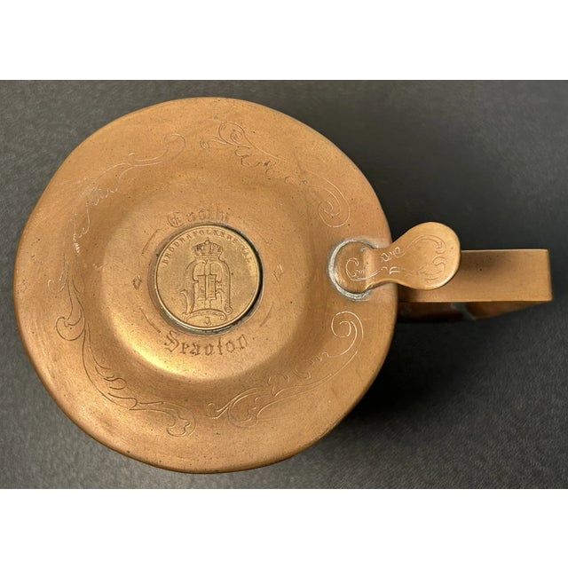 Circa 1910 Swedish Eskilstuna Copper Alloy Metal Engraved Gustavus Aldolphus and Carolus XII Motifs Gustaf v Coin Lid Commemorative Tankard/Stein For Sale - Image 4 of 7