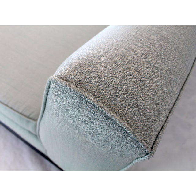 New basket weave fabric upholstery Widdicomb sofa love seat slipper chair booth sofa. Black lacquer hardwood frame.