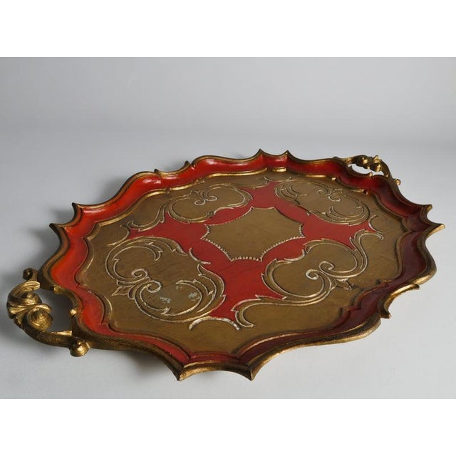 Wood Mid-Century Florentine Rococo Style Scalloped Red Giltwood Tray, Italy, 1950s For Sale - Image 7 of 14