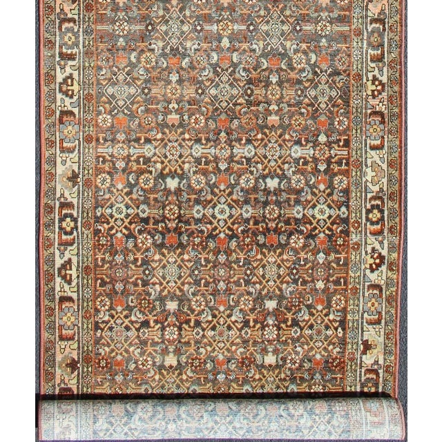 Traditional Antique Hand Knotted Malayer Long Runner With All-Over Geometric Herati Design For Sale - Image 3 of 12