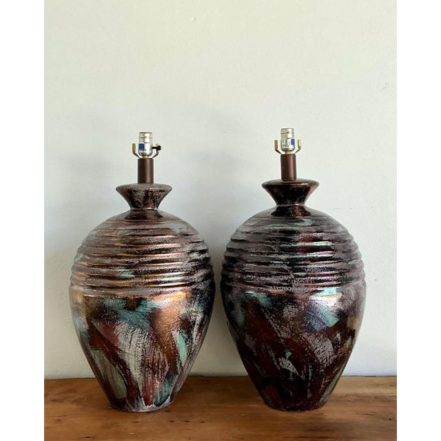 Vintage Glazed Metallic Ceramic Lamps - Set of 2 For Sale - Image 14 of 18