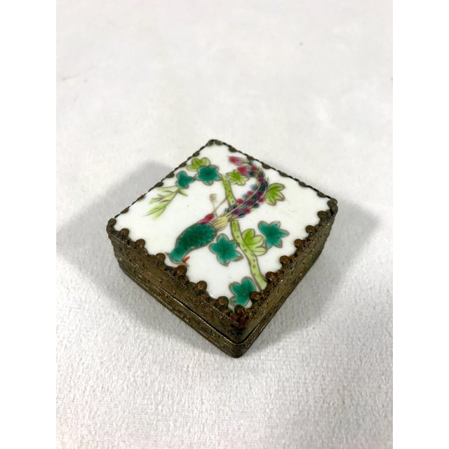 Vintage Chinese Emerald Green Pheonix Trinket Porcelain Shard Paktong Box With Mirror For Sale - Image 4 of 6