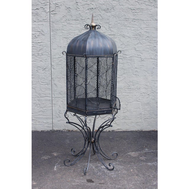Vintage Wrought Iron Garden Bird Cage On Stand For Sale - Image 4 of 18
