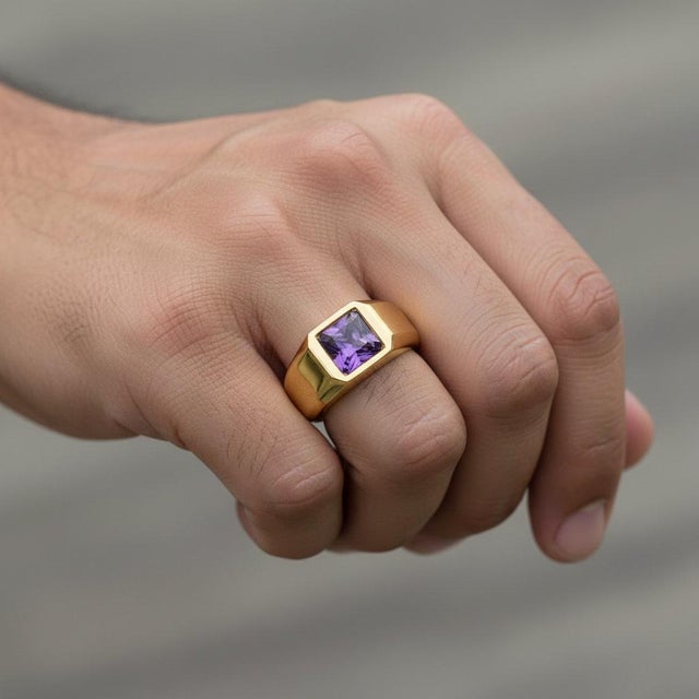 Signet Ring With Amethyst for Men Silver, Gold, Size 10 For Sale - Image 4 of 5
