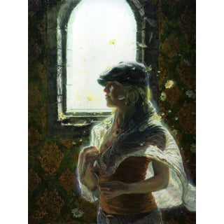 Window of Life 2 by Christopher Clark | Oil on wood panel Woman standing by a window with a shawl. For Sale