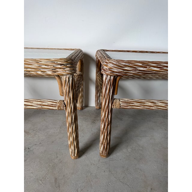 1970's Vintage Coastal Organic Whitewashed Rattan & Glass Top End ...
