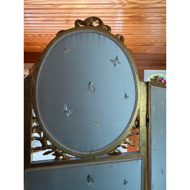 Antique French Giltwood Three-Panel Folding Screen With Hand-Painted Landscapes and Mirror, Circa 1900 For Sale - Image 6 of 9