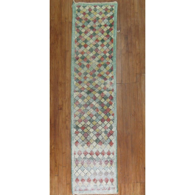 Early 21st Century Narrow Shabby Chic Green Background Vintage 20th Century Turkish Deco Runner - 2'2" x 10'3" For Sale - Image 5 of 5