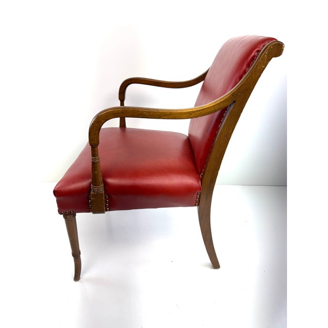 Mid 20th Century Red Leather Armchair With Curved Wood Arms and Brass Nailhead Trim For Sale - Image 12 of 12
