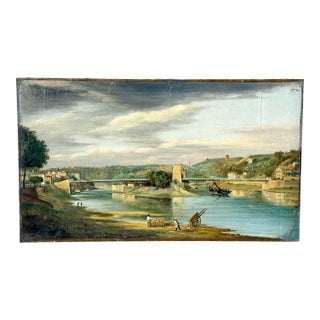 Early 19th Century French Plein Air Oil on Paper View With Suspension Bridge For Sale