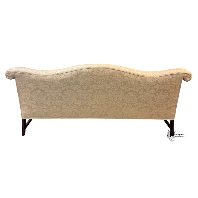 Vintage Chippendale Style Mahogany Frame Camel Back Ivory Damask Print Upholstered Sofa For Sale - Image 9 of 10