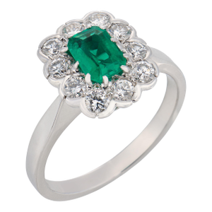 Vintage Colombian Emerald Diamond 18k White Gold Cluster Ring, Size 7.25