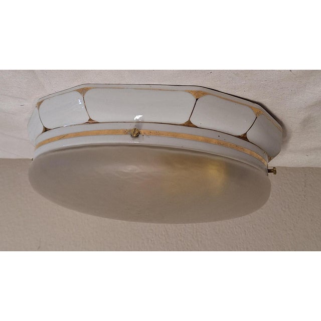 German Art Deco White Porcelain Ceiling Lamp with Oval Matt Glass Shade from Brunnquell, 1930s, in Good conditions....