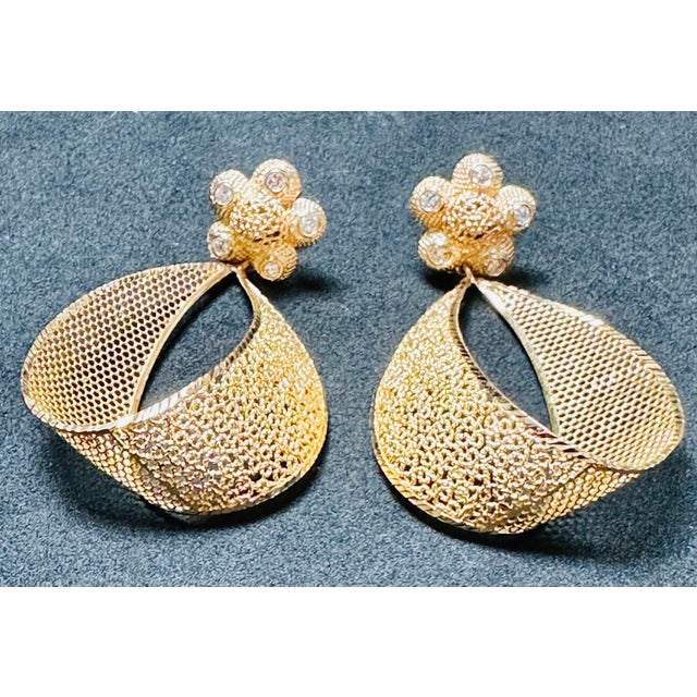 Modern 21 Kt Yellow Gold 12.8 Gm Dangling Earrings With Diamonds, 2.2 Inch Long For Sale - Image 3 of 8