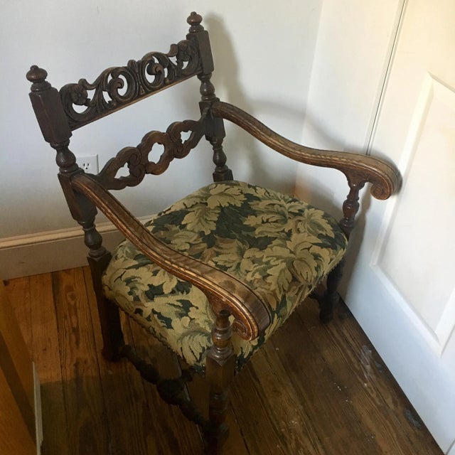 English Late 19th Century Carved Oak + Tapestry Jacobean Armchair For Sale - Image 3 of 8