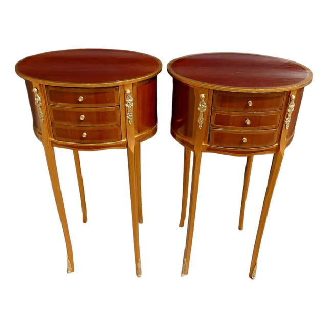 Handcrafted French Louis XVI Round Wood Side Table With Gold Leaf & Three Drawers For Sale