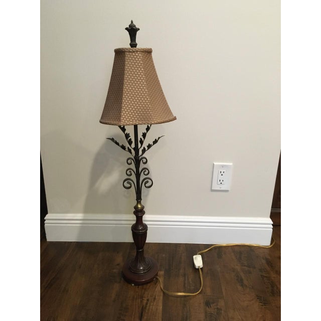 Iron Metal With Wood Base Table Lamp With Gold And Burgundy Weave