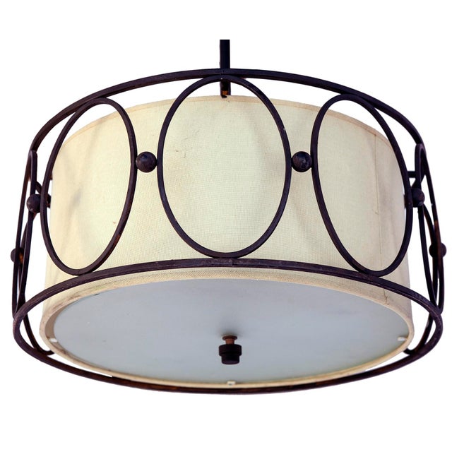 Modern Late 20th Century Iron Pendant Fixture /Linen Interior Shade For Sale - Image 3 of 5