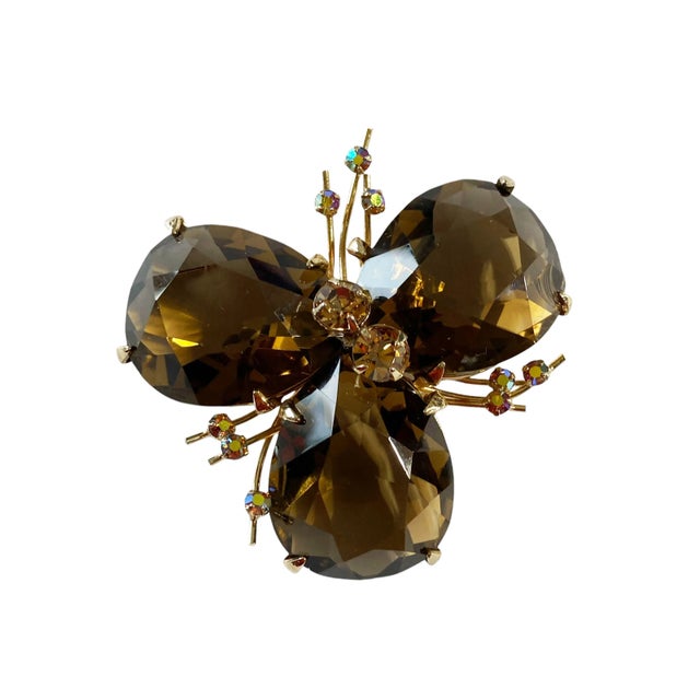 Vintage Bergere Gold Tone Topaz Rhinestone Set of Brooch Pin/Earrings/Ring For Sale In New York - Image 6 of 6