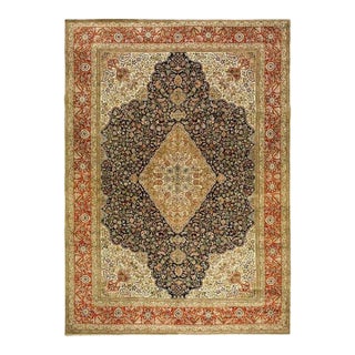 1940s Blue Navy Traditional Diamond Antique Tabriz Handknotted Wool Carpet Rug For Sale