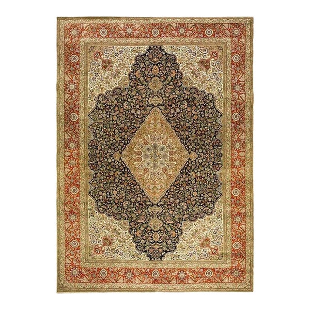 1940s Blue Navy Traditional Diamond Antique Tabriz Handknotted Wool Carpet Rug For Sale