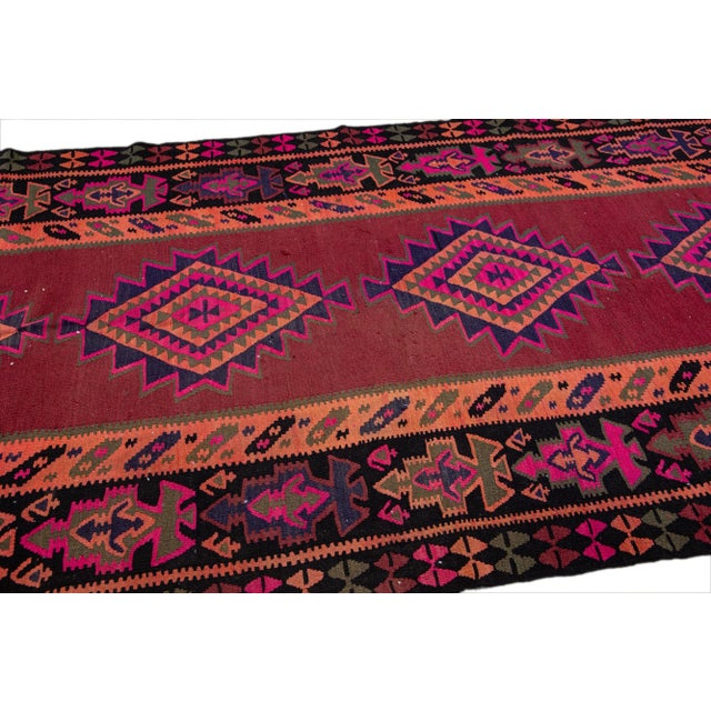Red Vintage Kilim Handmade Flatweave Tribal Motif Red Wool Runner For Sale - Image 8 of 10