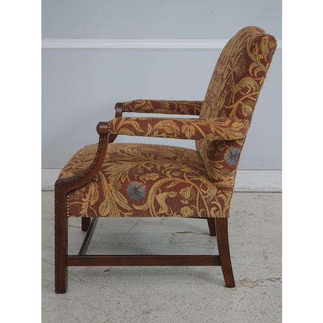 Chippendale Chippendale Newly Upholstered Damask Print Open Arm Library Chair For Sale - Image 3 of 18