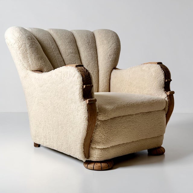 1930s Art Deco Danish Scallop Back Oak and Sherpa Wool Armchairs, 1930s, Set of 2 For Sale - Image 5 of 13