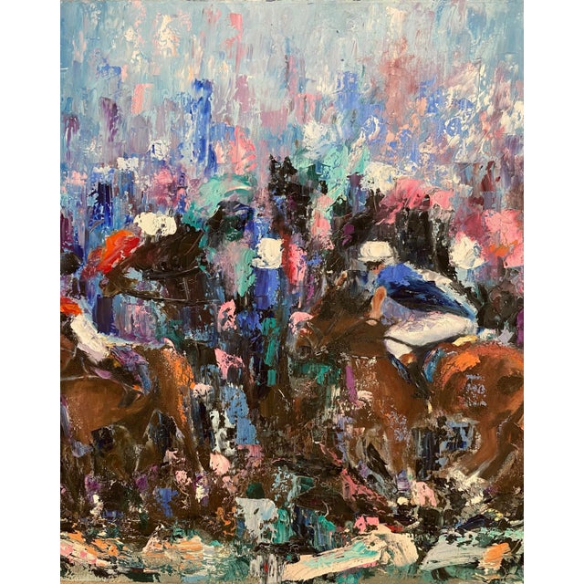 Oil on Canvas Painting Depicting a Horse Race, Signed For Sale - Image 4 of 8