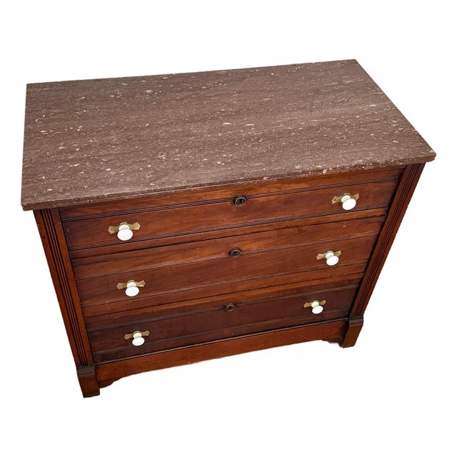 Antique Victorian Marble Topped Three Drawer Dresser Chest For Sale