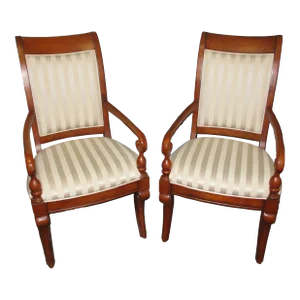 Vintage Pair of French Empire Style Carved Open Arm Chairs