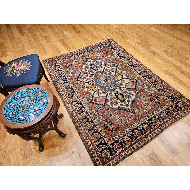 Vintage Persian Tabriz Area Rug, Hand-Knotted Wool, Heriz Geometric Pattern, Ivory & Red, 5x6 For Sale - Image 10 of 18