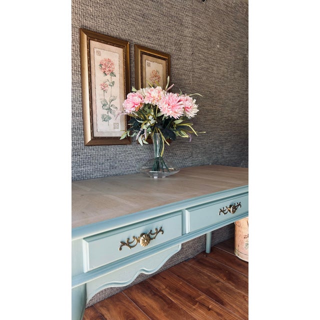 Mid-Century Louis XV Style Refinished Teal-Turquoise Solid Wood 3-Drawer Desk For Sale - Image 6 of 12