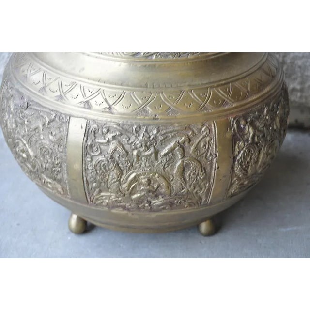 Antique Indian or Sri Lankan Brass Ceremonial Temple Water Vessel With Relief Art and Leopard Form Handle For Sale - Image 9 of 12