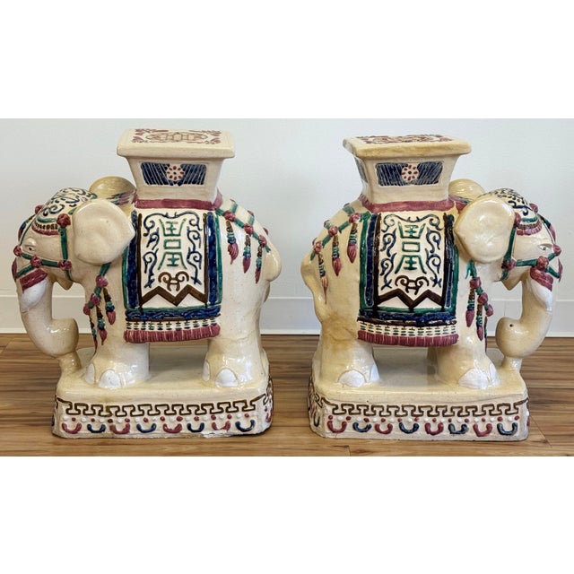 Vibrant large ceramic elephant garden stools or side tables. Feature wonderful design detail and unique color palette....