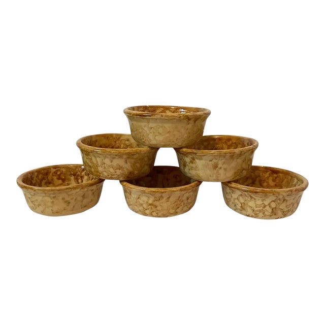 Six Antique Yellowware Spongeware Oatmeal Cereal Custard Bowls For Sale
