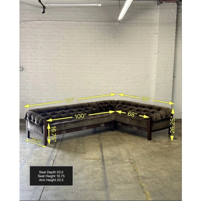 Floor model available. W121 D86 H26.25. ( as shown in first picture). Sofa cosists of two pieces that is locked together...