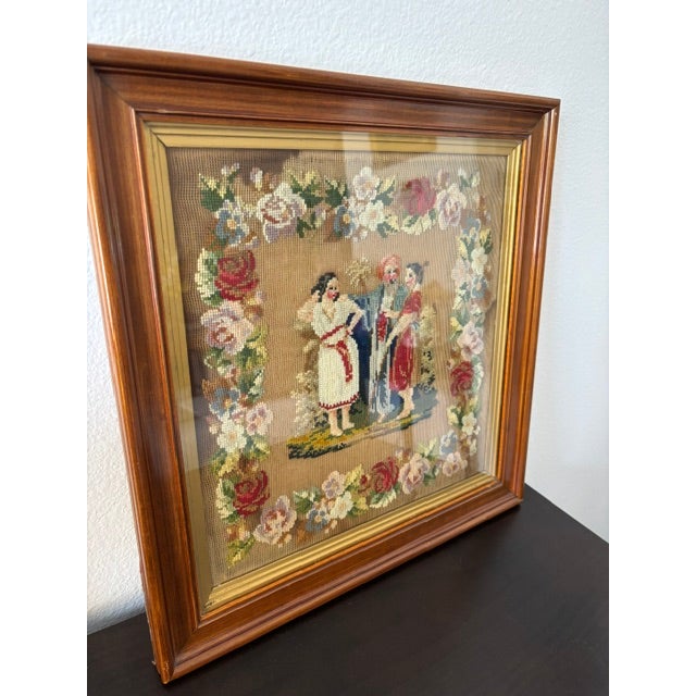 Antique Victorian Needlepoint “Jacob’s Coat” Scene in Mahogany & Gilt Frame For Sale - Image 4 of 9
