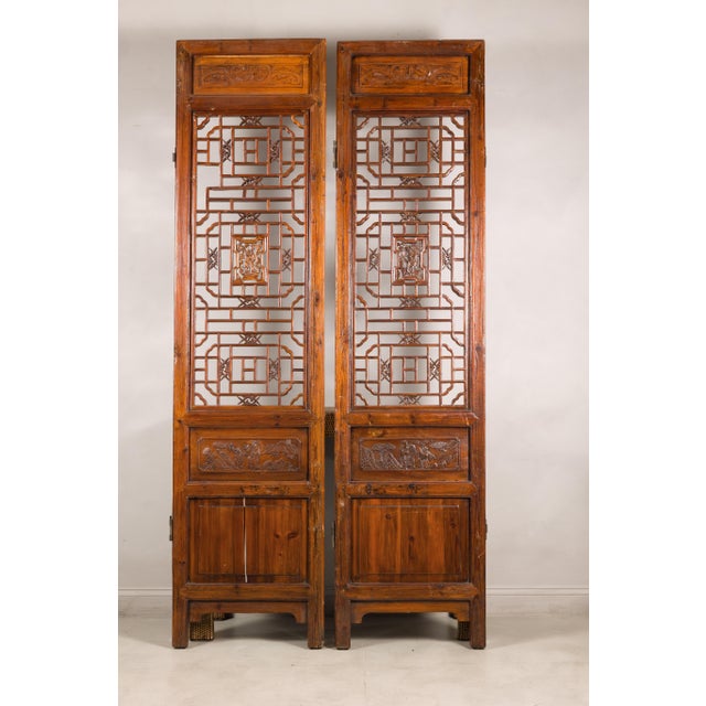 Pair of Antique Chinese Carved Elm Lattice Screens with Figural Motifs For Sale - Image 11 of 18