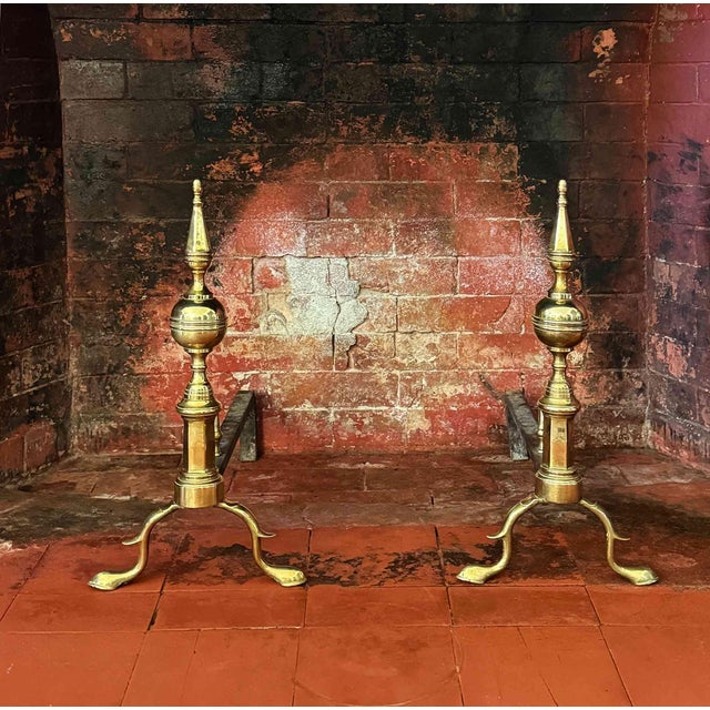 Brass Antique Brass Steeple Top Andirons - A Pair For Sale - Image 8 of 8